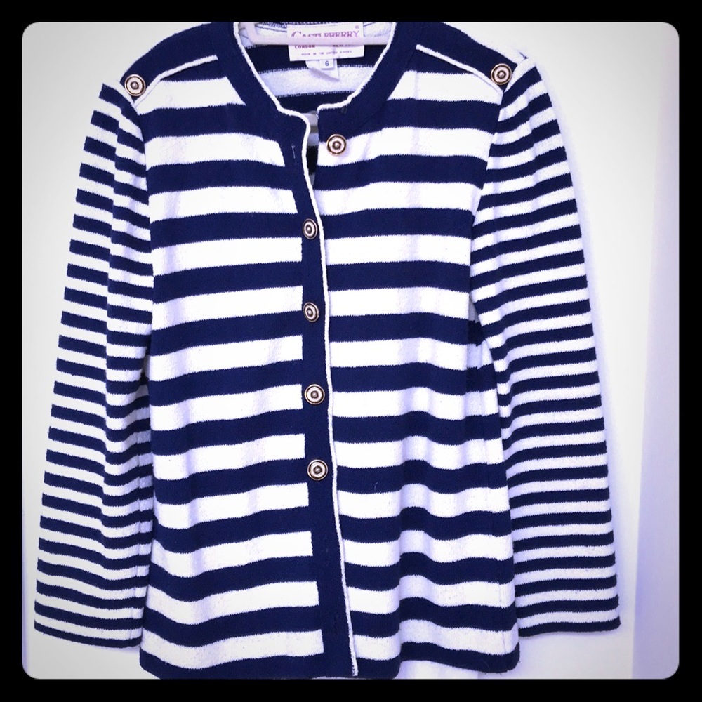 Navy and white St. John’s-ish cardigan sweater